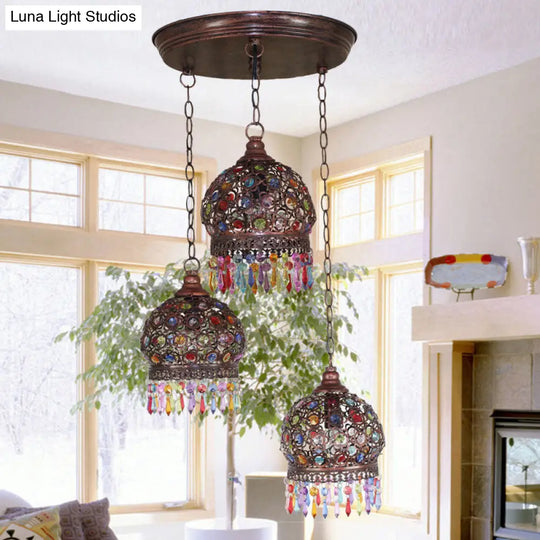 Bohemia Stained Glass Pendant Light With Fringe - 3 Bulbs Cluster Design In Copper Finish