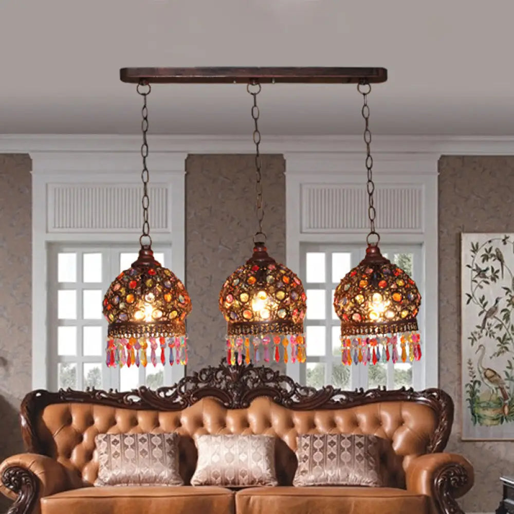 Bohemia Stained Glass Pendant Light With Fringe - 3 Bulbs Cluster Design In Copper Finish