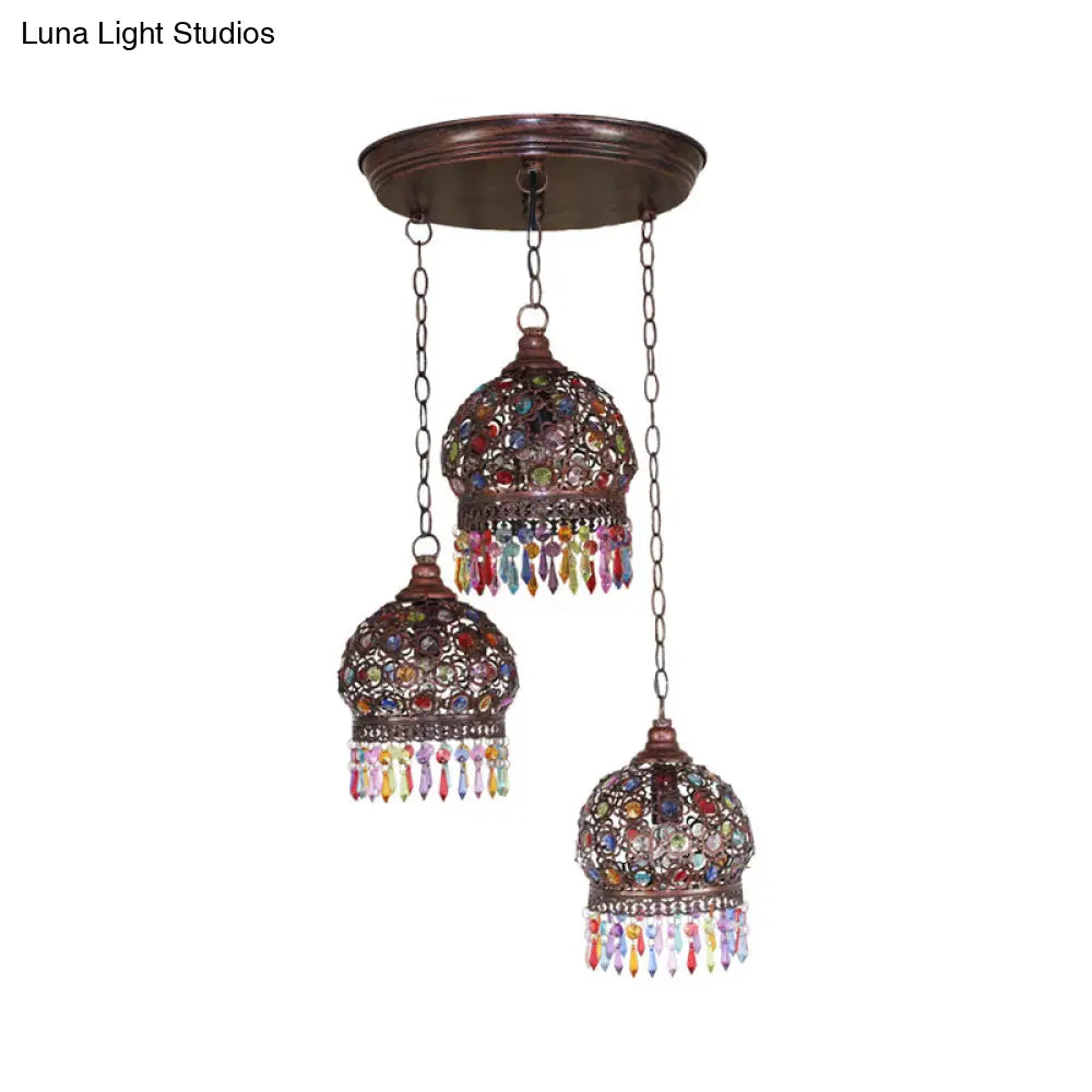 Bohemia Stained Glass Pendant Light With Fringe - 3 Bulbs Cluster Design In Copper Finish