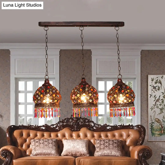 Bohemia Stained Glass Pendant Light With Fringe - 3 Bulbs Cluster Design In Copper Finish