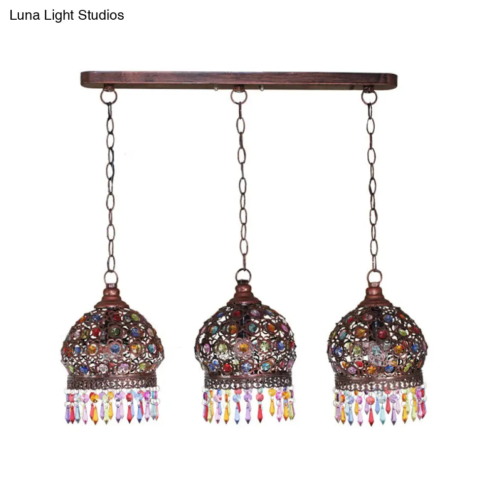 Bohemia Stained Glass Pendant Light With Fringe - 3 Bulbs Cluster Design In Copper Finish