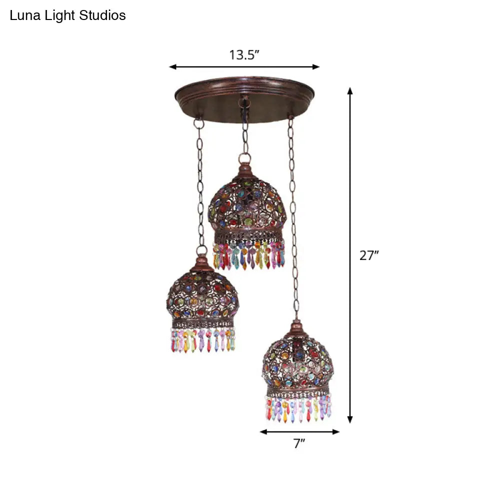 Bohemia Stained Glass Pendant Light With Fringe - 3 Bulbs Cluster Design In Copper Finish