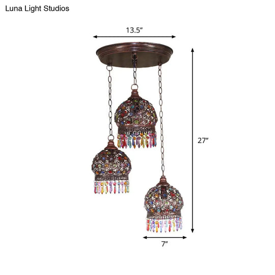 Bohemia Stained Glass Pendant Light With Fringe - 3 Bulbs Cluster Design In Copper Finish