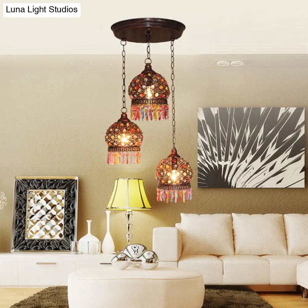 Bohemia Stained Glass Pendant Light With Fringe - 3 Bulbs Cluster Design In Copper Finish