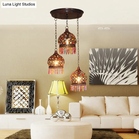 Bohemia Stained Glass Pendant Light With Fringe - 3 Bulbs Cluster Design In Copper Finish