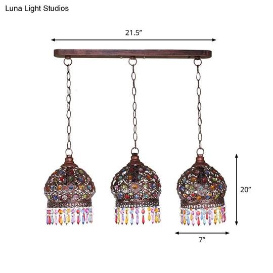 Bohemia Stained Glass Pendant Light With Fringe - 3 Bulbs Cluster Design In Copper Finish