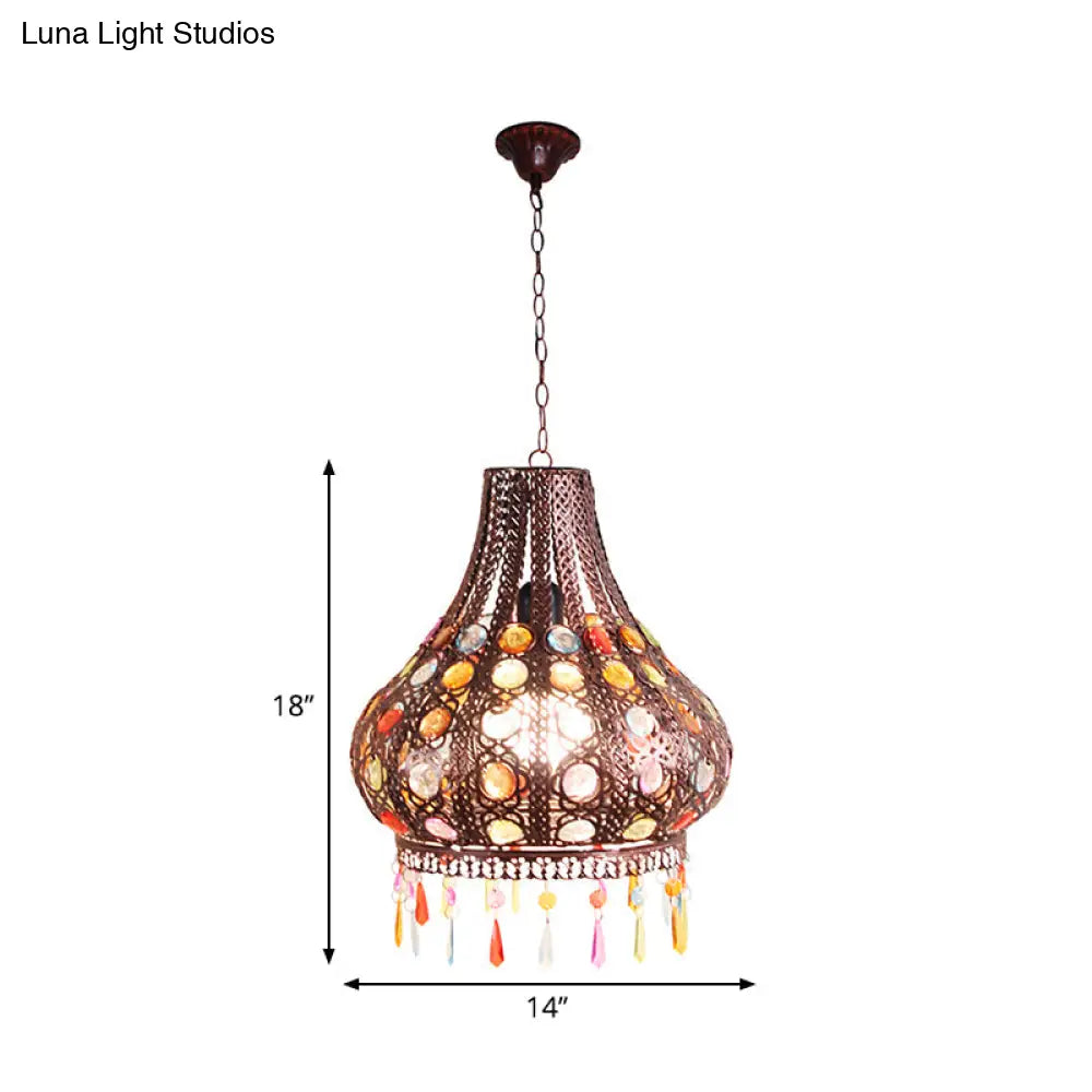 Bohemia Teardrop Ceiling Pendant Light: Metal Hanging Lamp With Decorative Gem In Weathered Copper