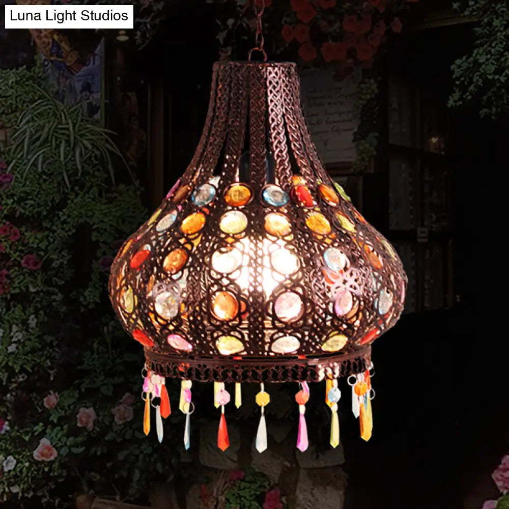 Bohemia Teardrop Ceiling Pendant Light: Metal Hanging Lamp With Decorative Gem In Weathered Copper
