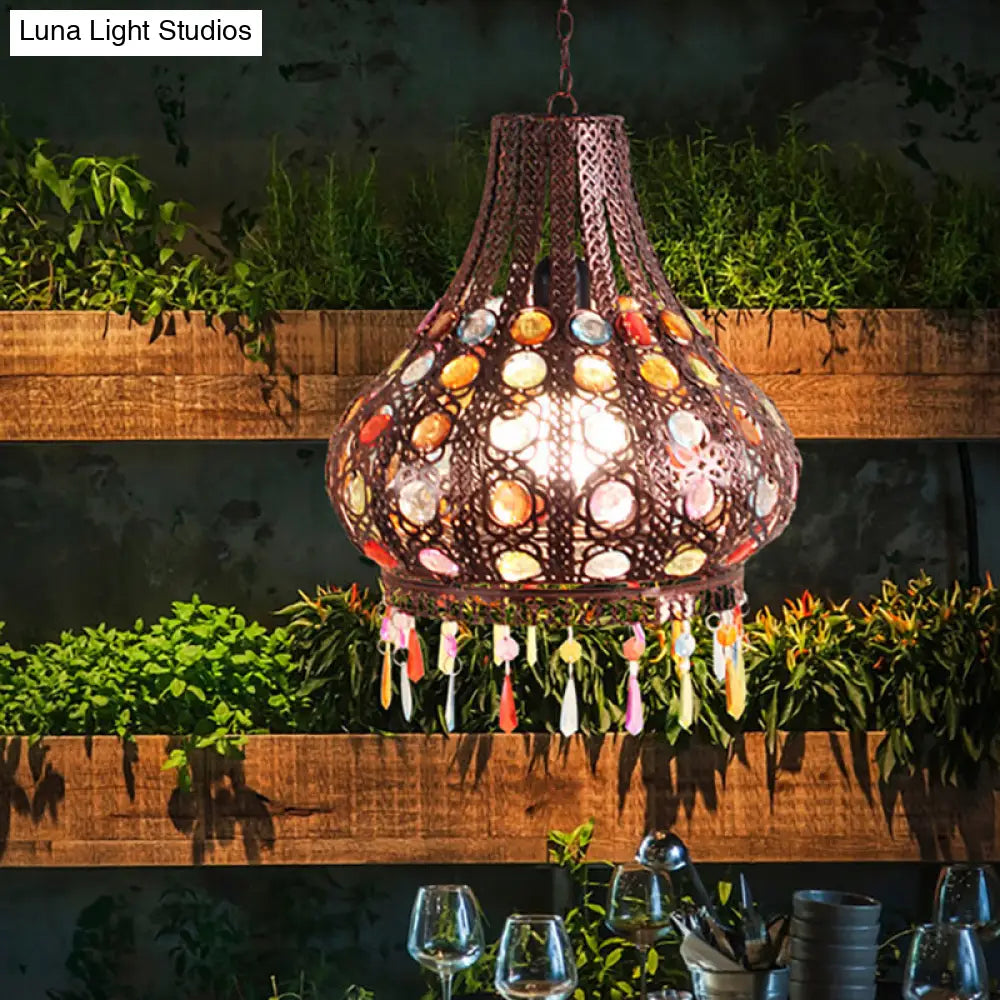 Bohemia Teardrop Ceiling Pendant Light With Decorative Gem Weathered Copper Finish