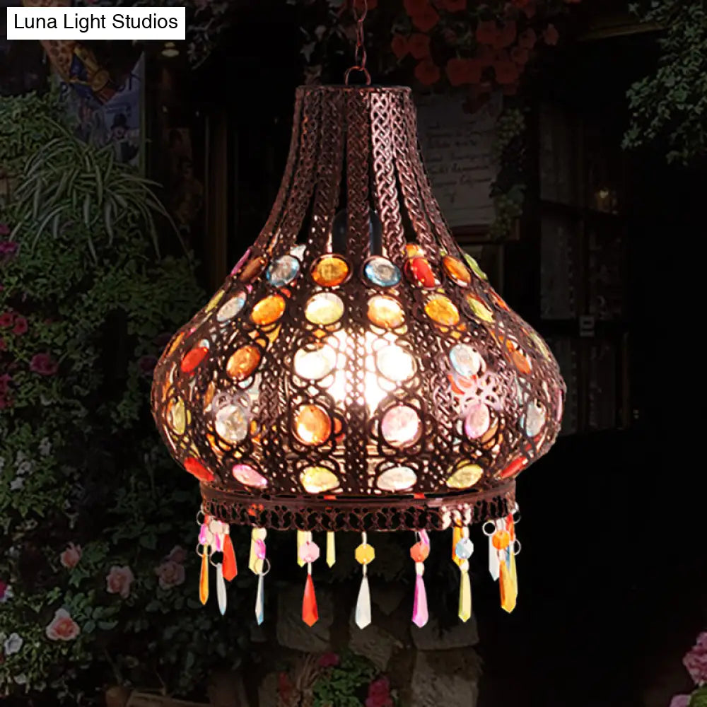 Bohemia Teardrop Ceiling Pendant Light With Decorative Gem Weathered Copper Finish