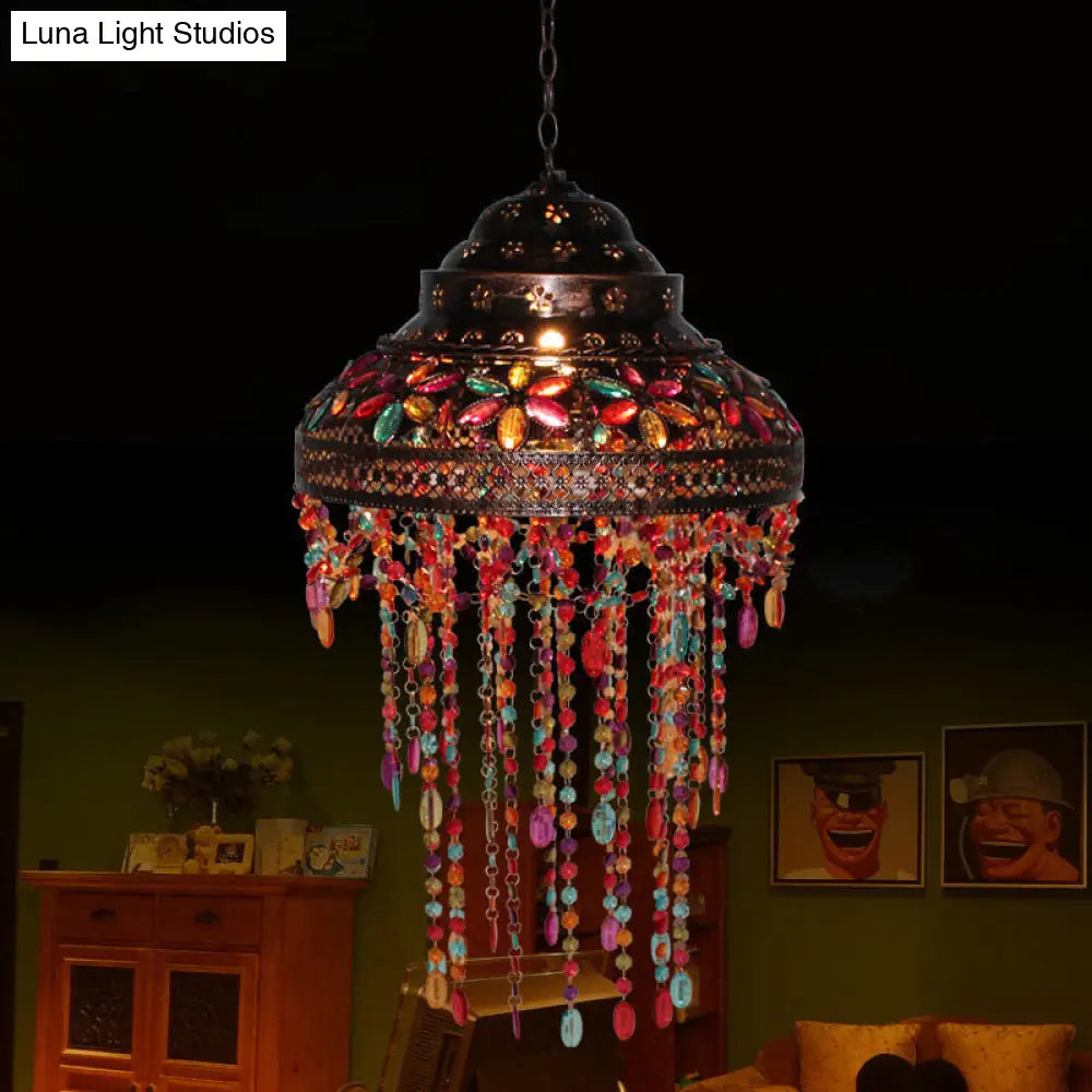 Boho Stained Glass Pendant Copper Lamp - Bowl Dining Room Down Light With Beaded Drape