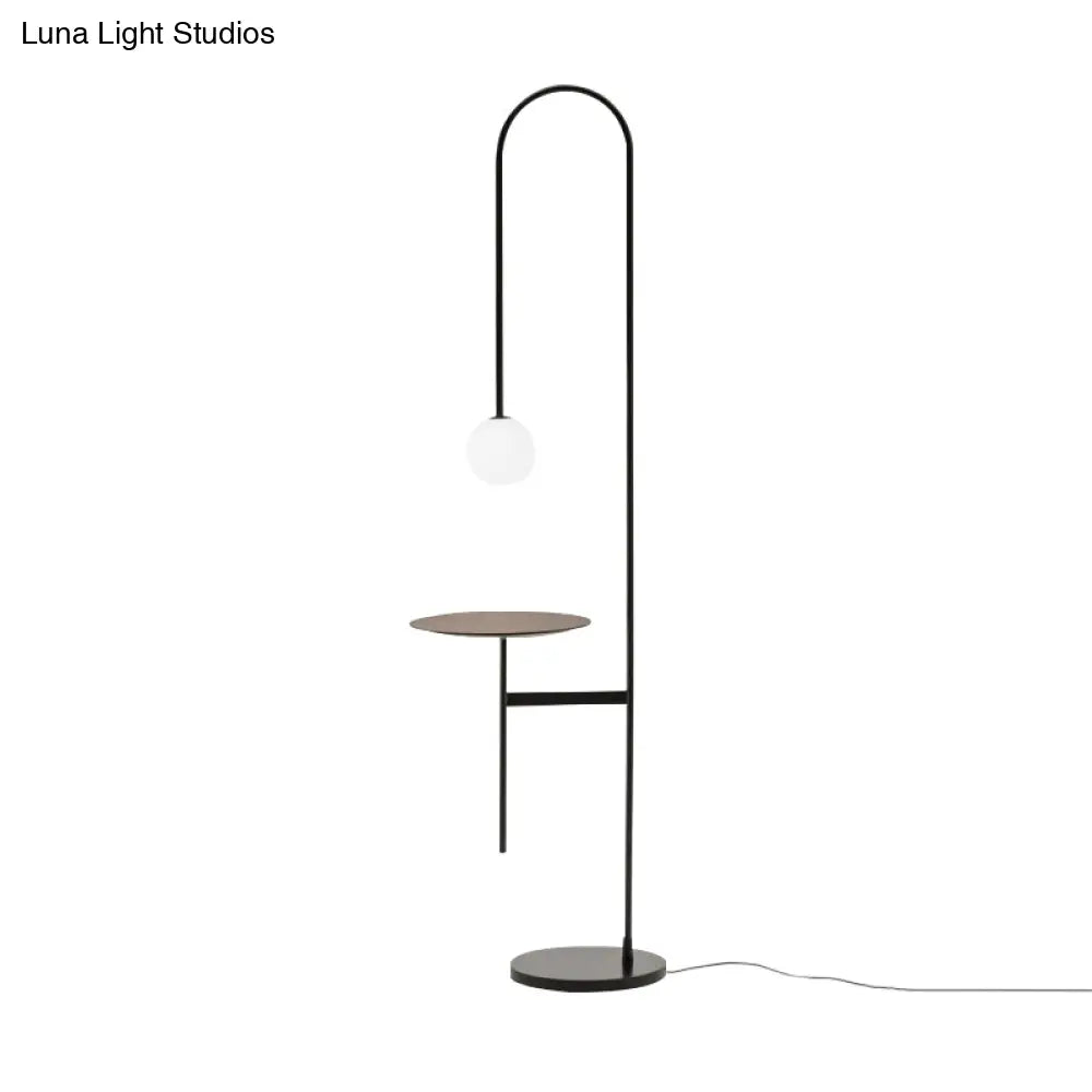 Bow Shaped Minimalist Iron Floor Lamp With Milk Glass Shade And Table - Black Stand Up Lighting