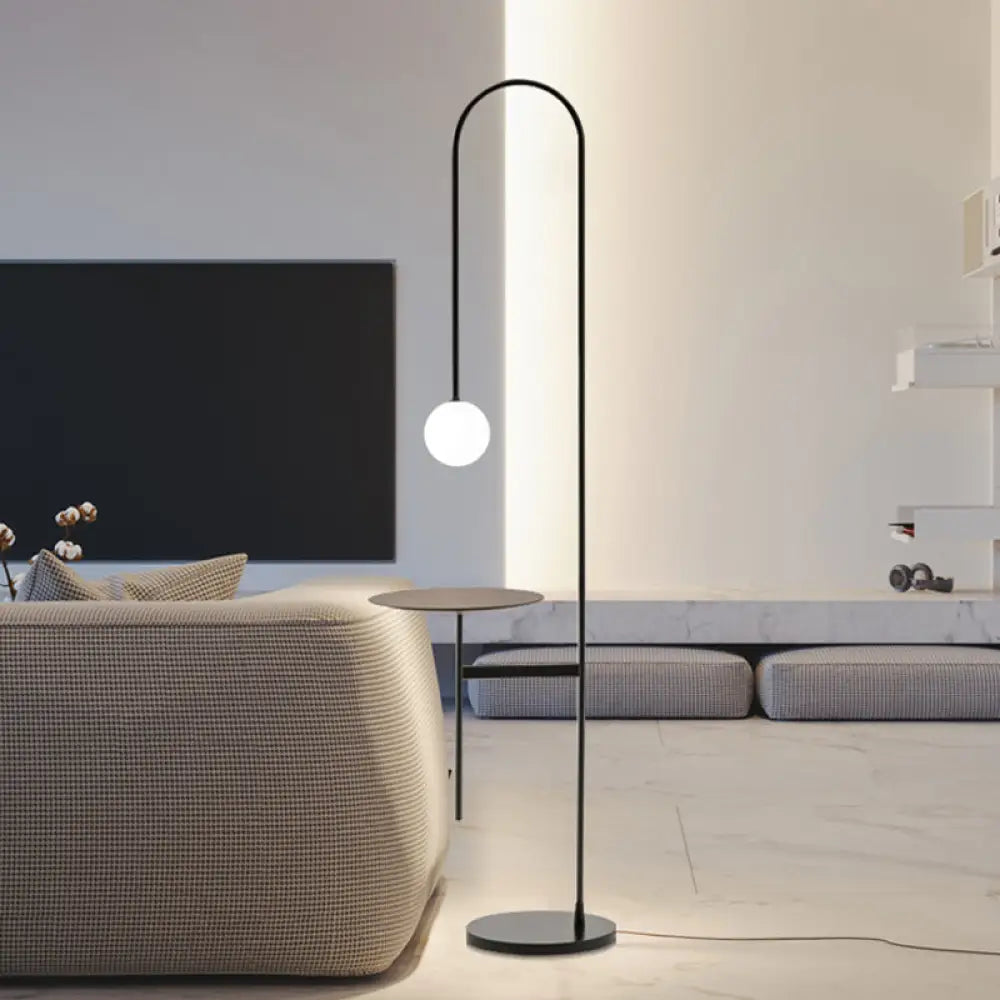 Bow Shaped Minimalist Iron Floor Lamp With Milk Glass Shade And Table - Black Stand Up Lighting /