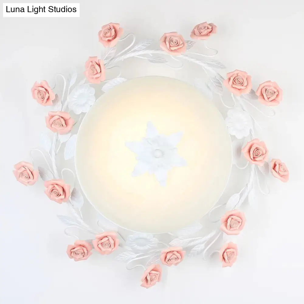 Bowl Ceiling Light With Opal Glass And Led In White/Pink For Living Room