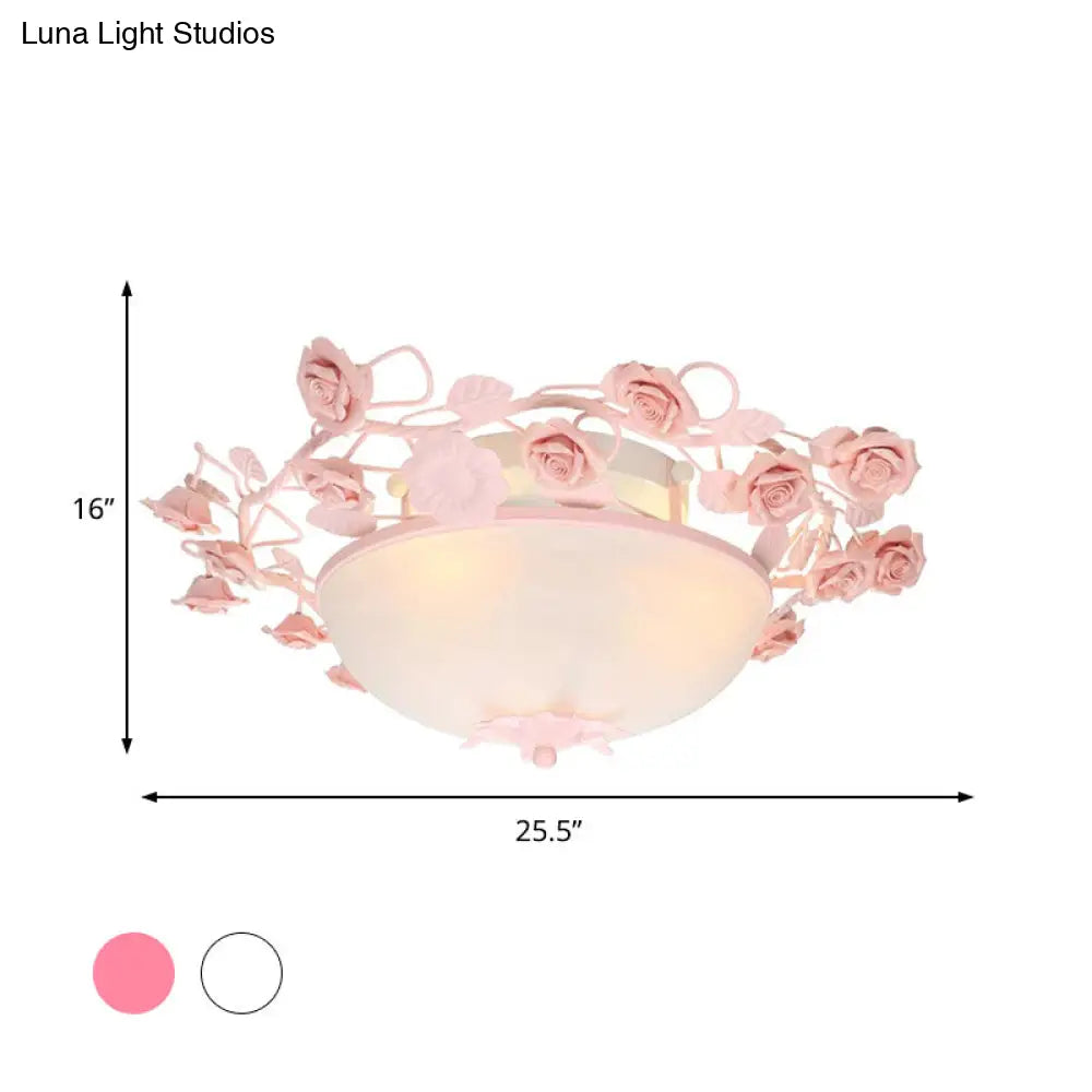 Bowl Ceiling Light With Opal Glass And Led In White/Pink For Living Room