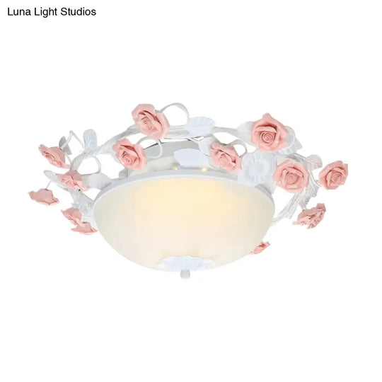 Bowl Ceiling Light With Opal Glass And Led In White/Pink For Living Room