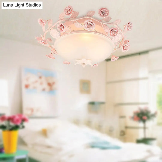 Bowl Ceiling Light With Opal Glass And Led In White/Pink For Living Room