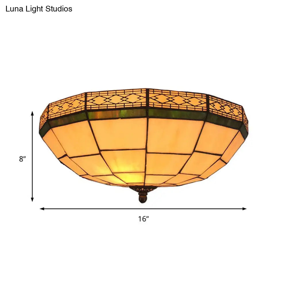 Bowl Flush Ceiling Light 8/8.5/10 Stained Glass 3 Lights In Beige - Traditional Lighting For Living