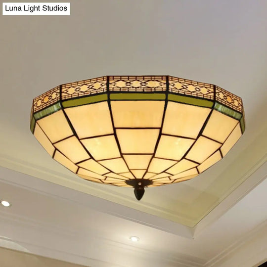 Bowl Flush Ceiling Light 8/8.5/10 Stained Glass 3 Lights In Beige - Traditional Lighting For Living