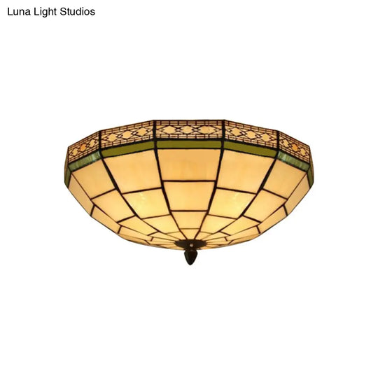 Bowl Flush Ceiling Light 8/8.5/10 Stained Glass 3 Lights In Beige - Traditional Lighting For Living
