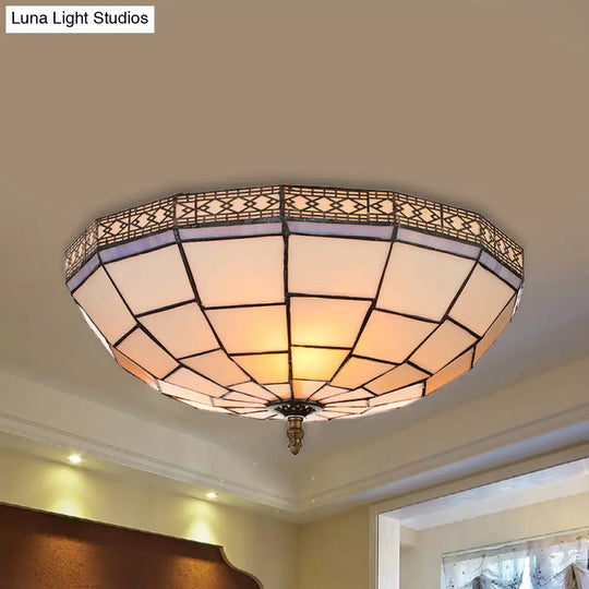 Bowl Flush Ceiling Light 8’/8.5’/10’ Stained Glass 3 Lights In Beige - Traditional Lighting