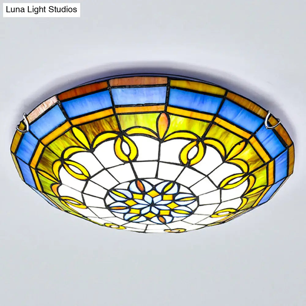 Bowl Flush Ceiling Light - Stained Art Glass Mediterranean Style