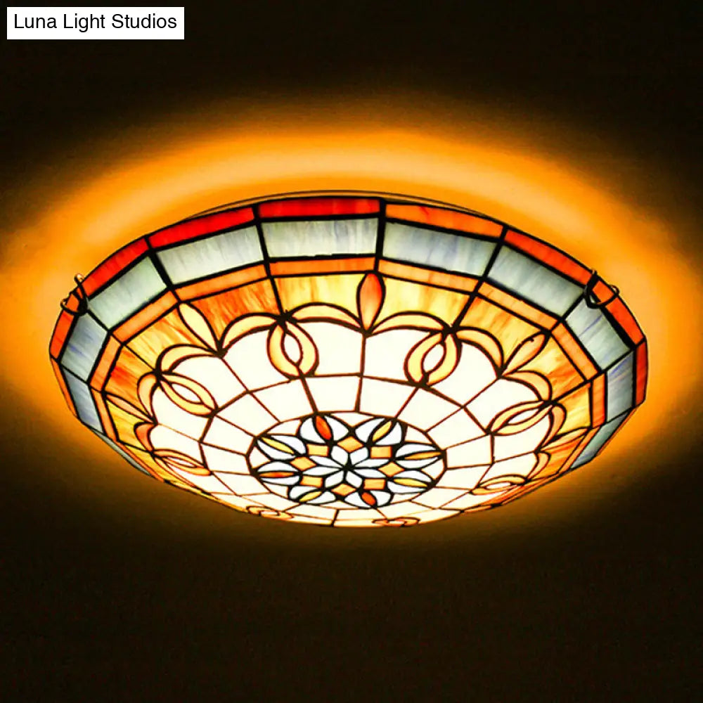 Bowl Flush Ceiling Light - Stained Art Glass Mediterranean Style