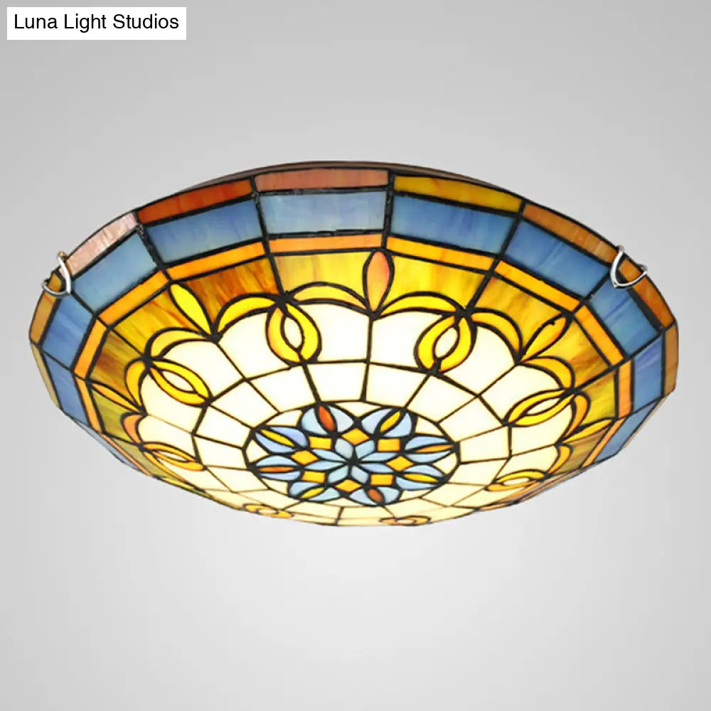 Bowl Flush Ceiling Light - Stained Art Glass Mediterranean Style