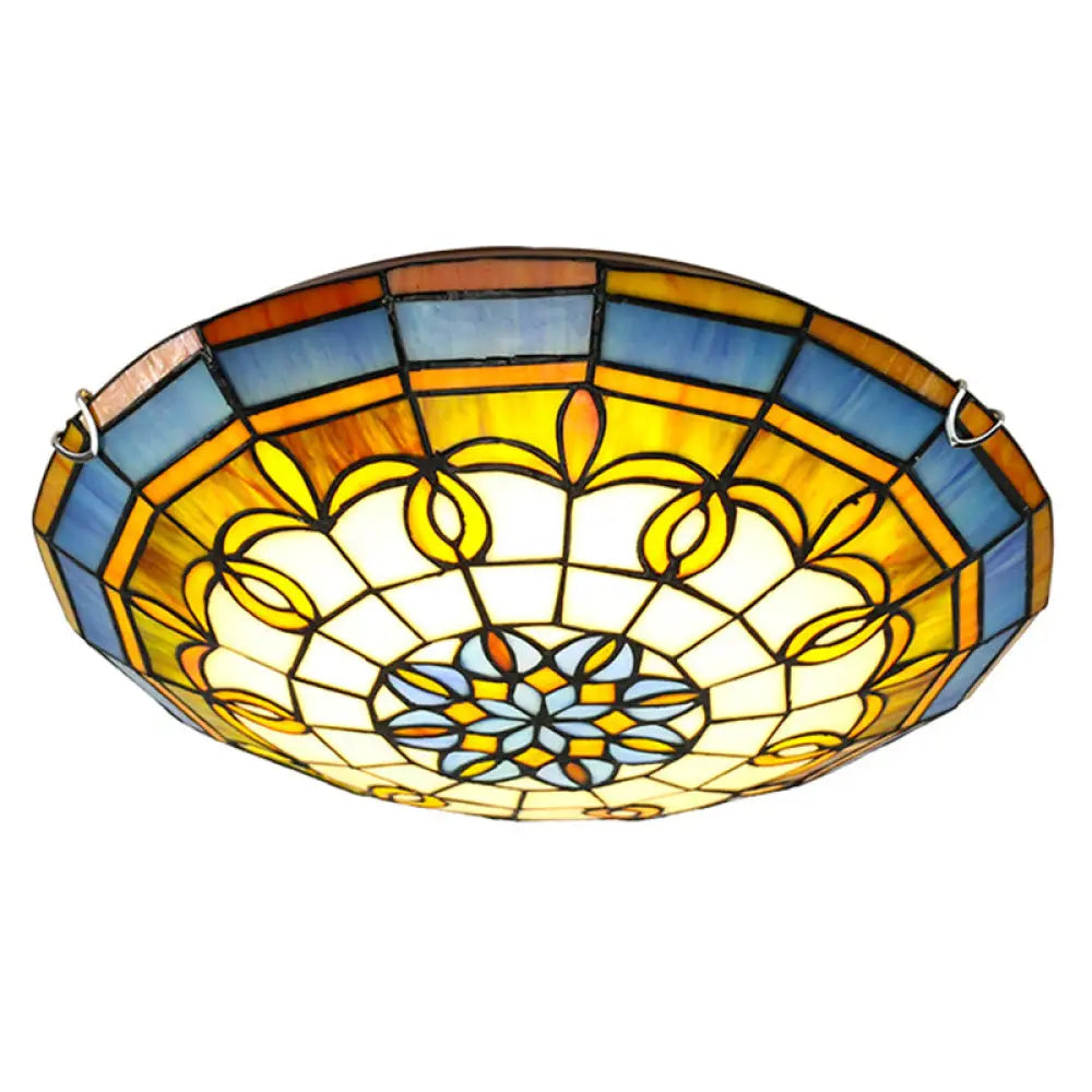 Bowl Flush Ceiling Light - Stained Art Glass Mediterranean Style Blue / 12’