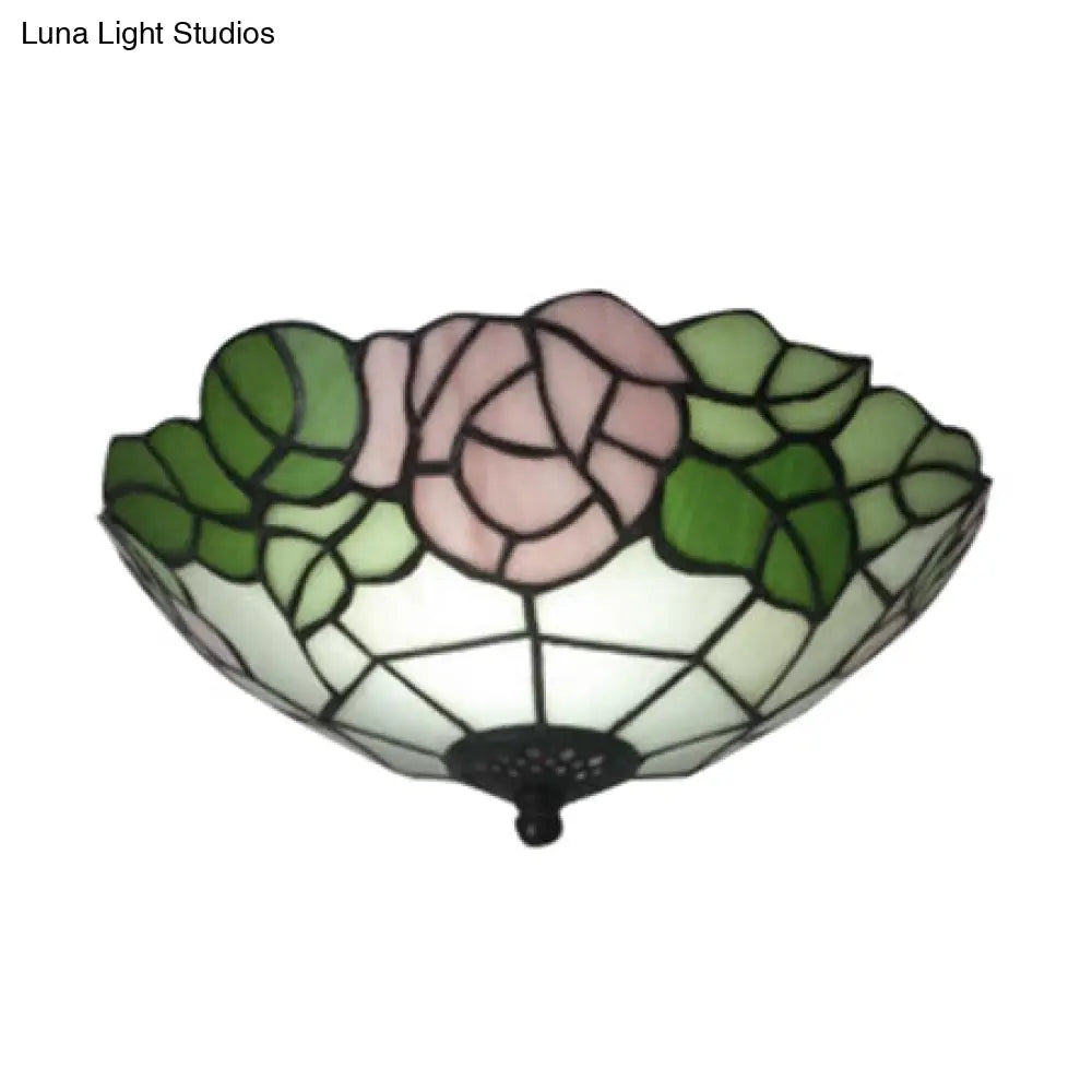 Bowl Flush Rustic Loft Stained Glass Ceiling Light With Rose Pattern In Pink/White