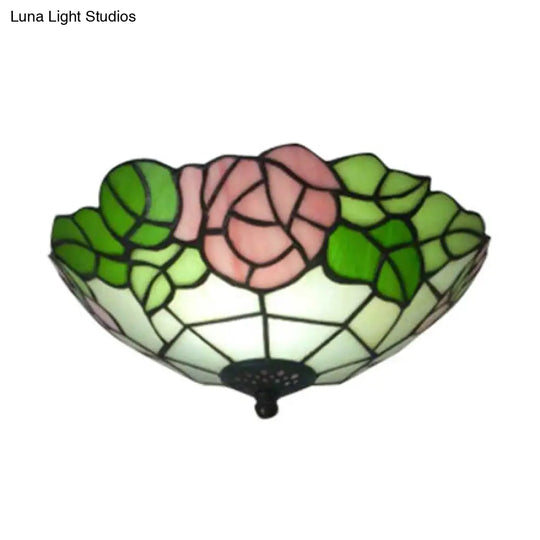 Bowl Flush Rustic Loft Stained Glass Ceiling Light With Rose Pattern In Pink/White White