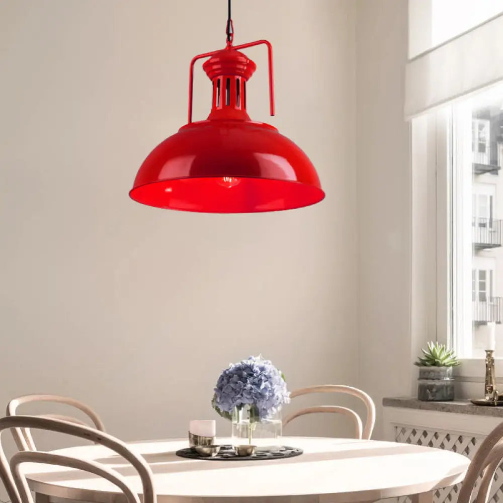 Bowl Industrial Pendant Light With Vented Socket In Red/Yellow Red