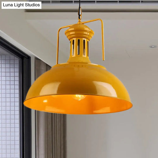 Metallic Industrial Bowl Pendant Light Fixture With Vented Socket In Red/Yellow For Dining Table