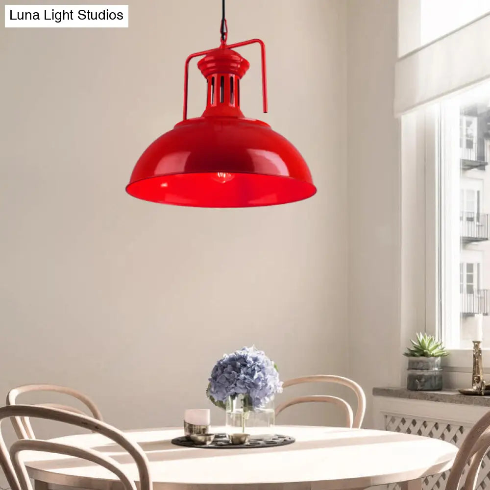 Metallic Industrial Bowl Pendant Light Fixture With Vented Socket In Red/Yellow For Dining Table Red