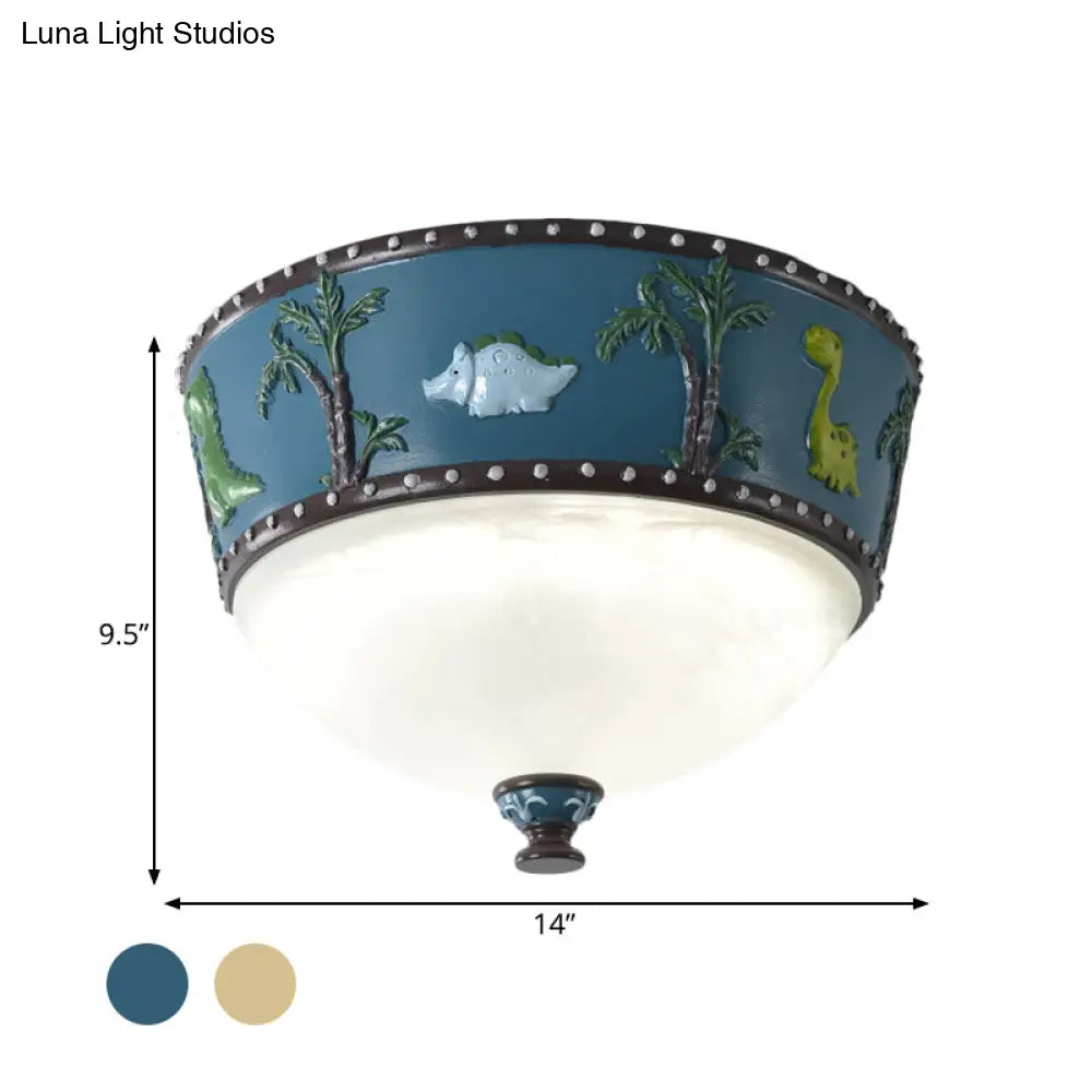 Bowl Opal Glass Ceiling Lamp - Kids Blue/Yellow Led Flush Mount With Dinosaur And Tree Pattern