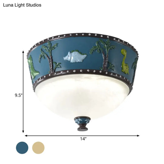 Bowl Opal Glass Ceiling Lamp - Kids Blue/Yellow Led Flush Mount With Dinosaur And Tree Pattern