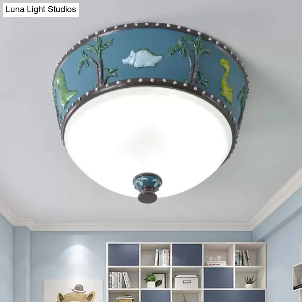 Bowl Opal Glass Ceiling Lamp - Kids Blue/Yellow Led Flush Mount With Dinosaur And Tree Pattern