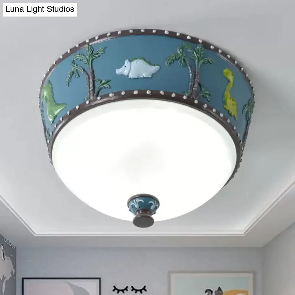 Bowl Opal Glass Ceiling Lamp - Kids Blue/Yellow Led Flush Mount With Dinosaur And Tree Pattern