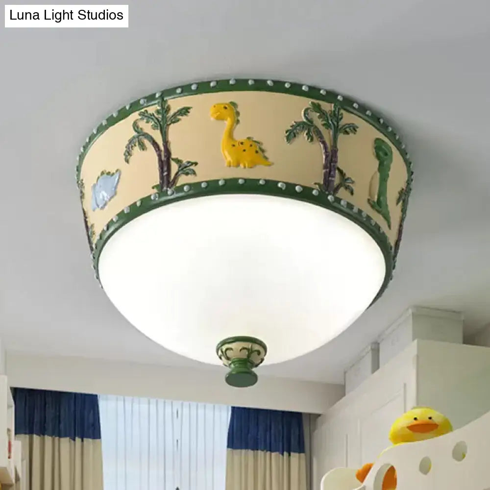 Bowl Opal Glass Ceiling Lamp - Kids Blue/Yellow Led Flush Mount With Dinosaur And Tree Pattern