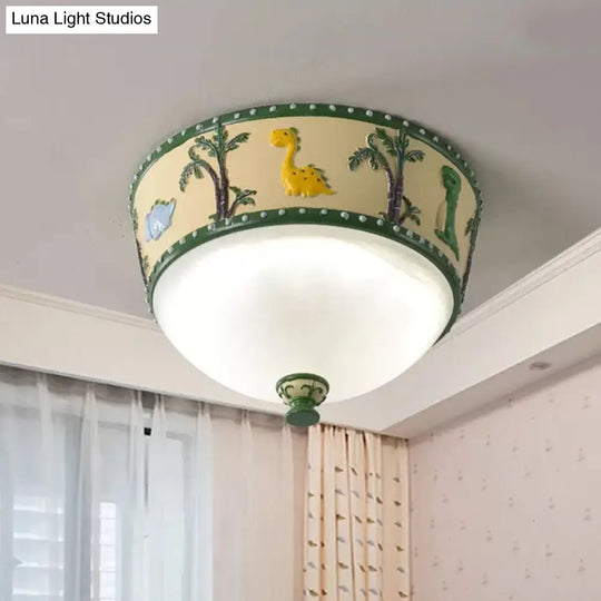 Bowl Opal Glass Ceiling Lamp - Kids Blue/Yellow Led Flush Mount With Dinosaur And Tree Pattern