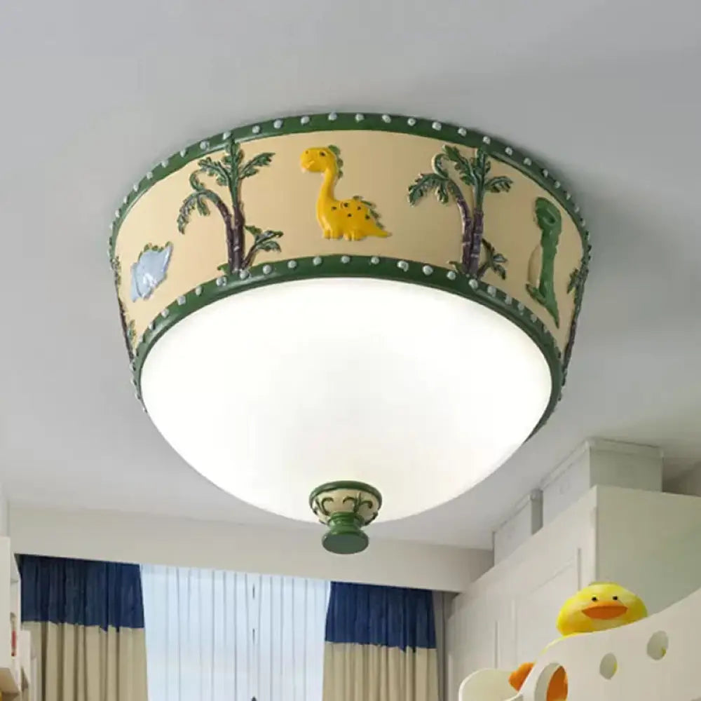 Bowl Opal Glass Ceiling Lamp - Kids Blue/Yellow Led Flush Mount With Dinosaur And Tree Pattern