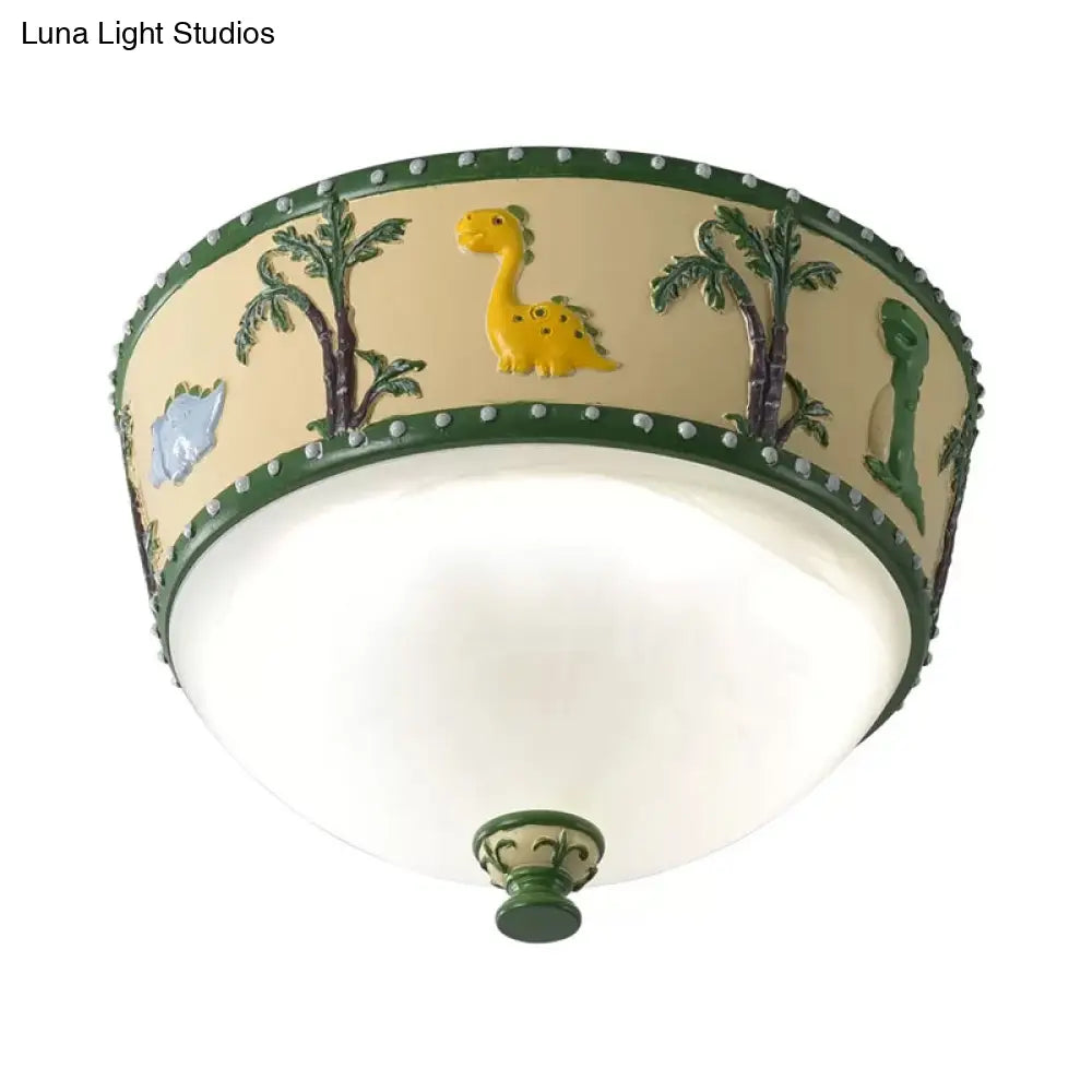Bowl Opal Glass Ceiling Lamp - Kids Blue/Yellow Led Flush Mount With Dinosaur And Tree Pattern