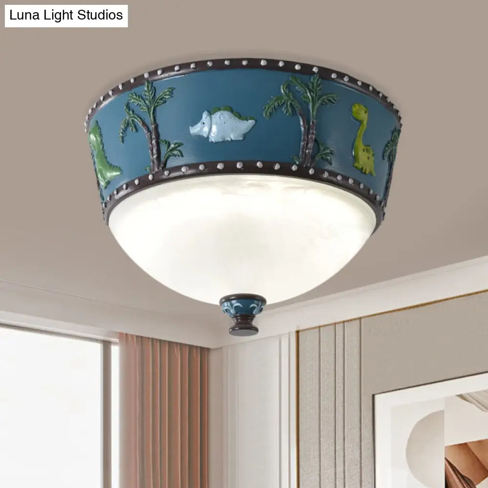 Bowl Opal Glass Ceiling Lamp - Kids Blue/Yellow Led Flush Mount With Dinosaur And Tree Pattern