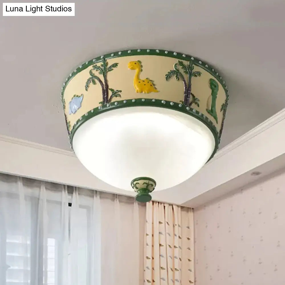 Bowl Opal Glass Ceiling Lamp - Kids Blue/Yellow Led Flush Mount With Dinosaur And Tree Pattern