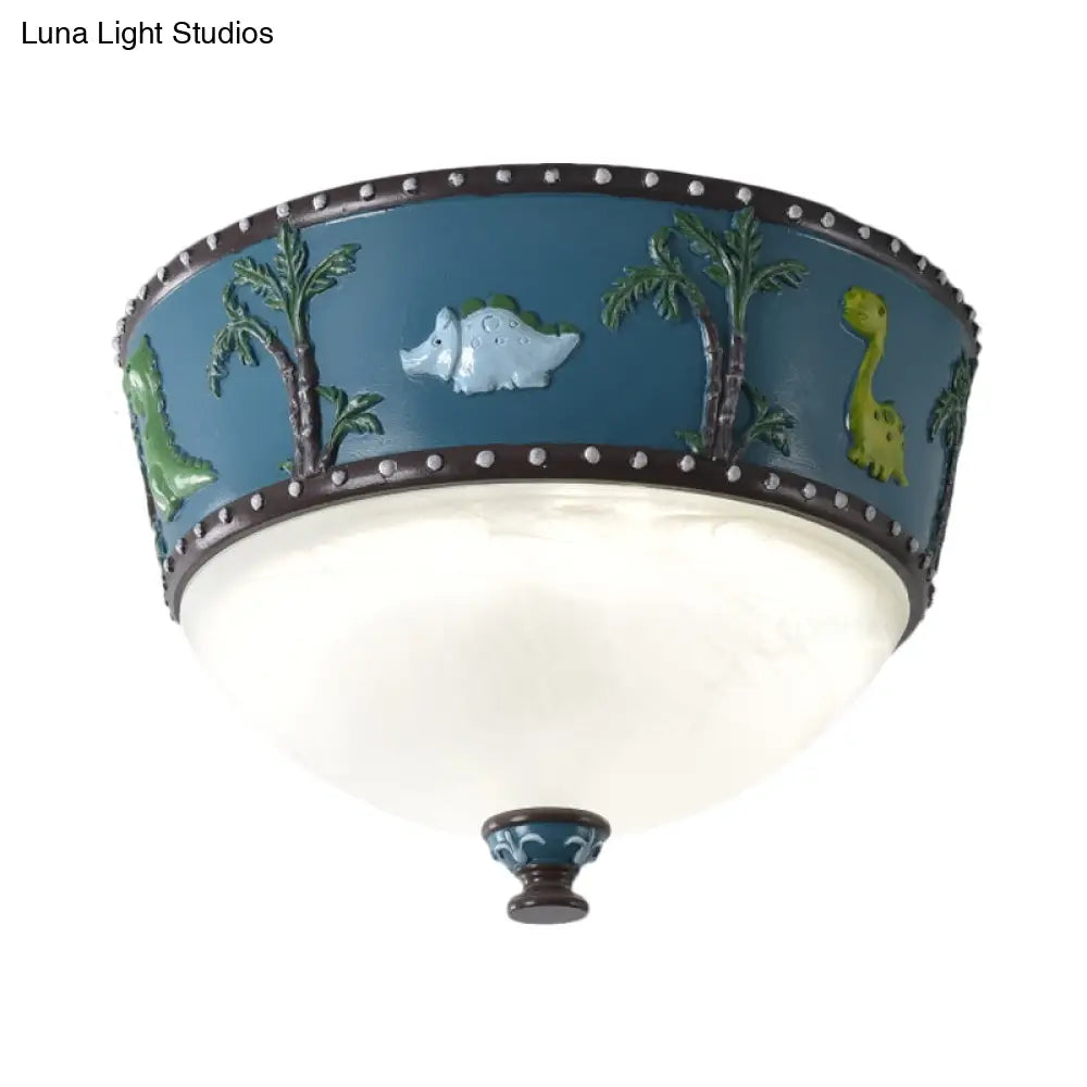 Bowl Opal Glass Ceiling Lamp - Kids Blue/Yellow Led Flush Mount With Dinosaur And Tree Pattern