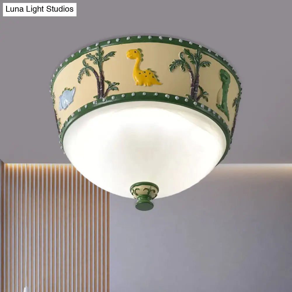 Bowl Opal Glass Ceiling Lamp - Kids Blue/Yellow Led Flush Mount With Dinosaur And Tree Pattern