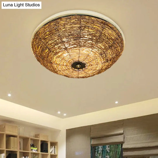 Bowl Rattan Shade Asian Brown Flush Mount Ceiling Light With 3 Bulbs For Dining Room