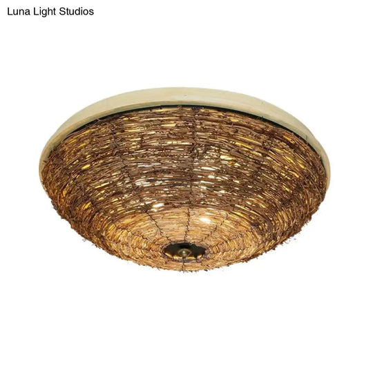 Bowl Rattan Shade Asian Brown Flush Mount Ceiling Light With 3 Bulbs For Dining Room