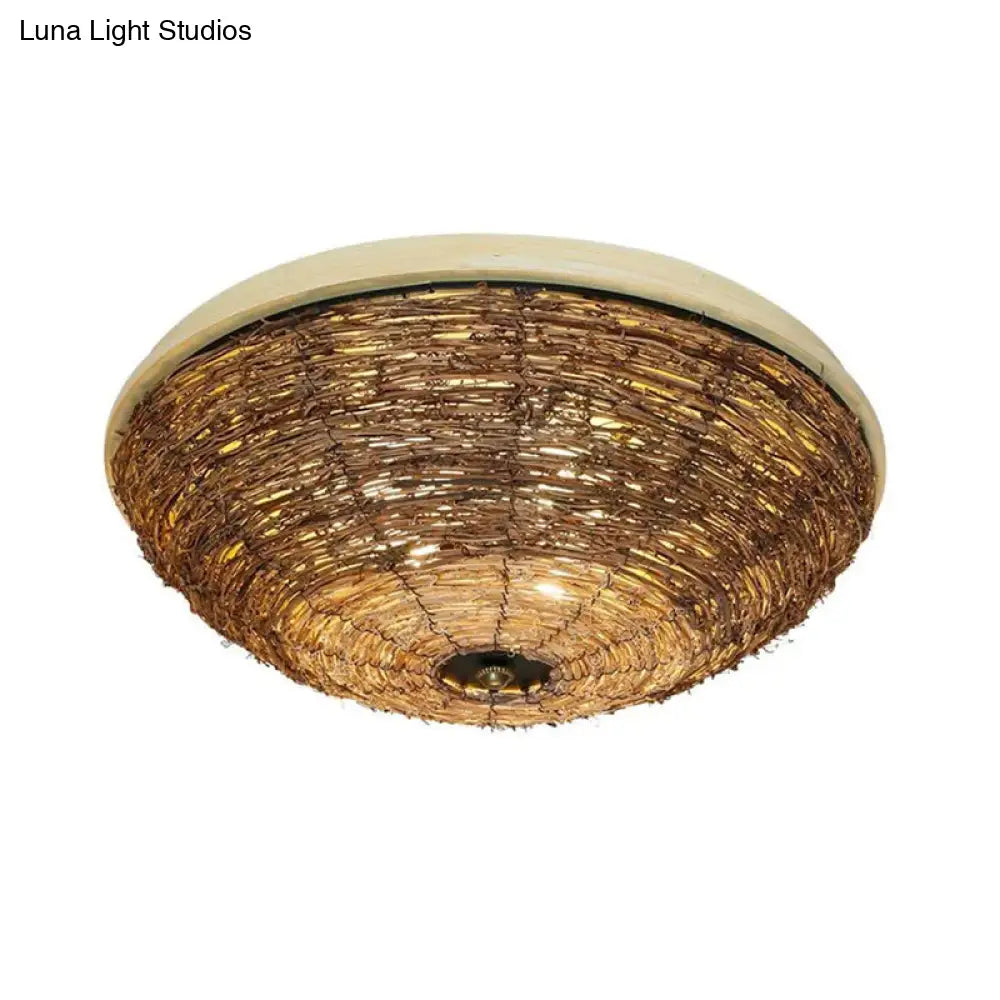 Bowl Rattan Shade Asian Brown Flush Mount Ceiling Light With 3 Bulbs For Dining Room