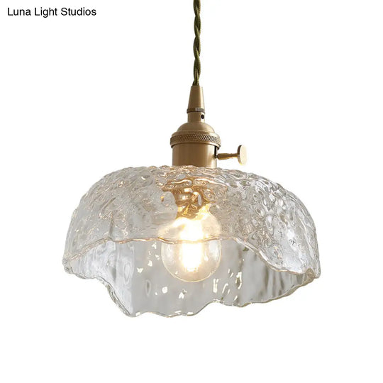 Bowl Shaped Clear Textured Glass Pendant Light With Floral Rim - Modern Brass Hanging Lamp